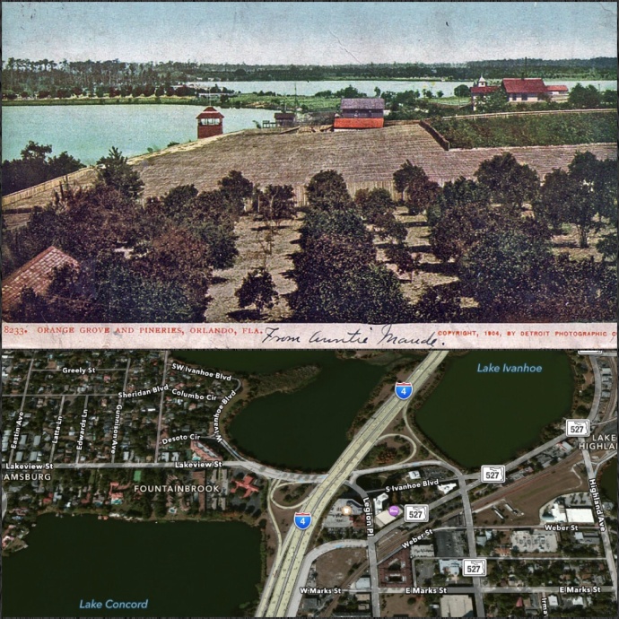 A postcard showing the Ivanhoe Pinery, and a Google map image of the scene today.