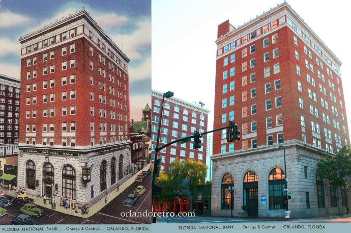 Left:  After 1930, Florida National Bank operated a 1 North Orange Ave. Right:  Today the original State Bank of Orlando and Trust Company is visible.